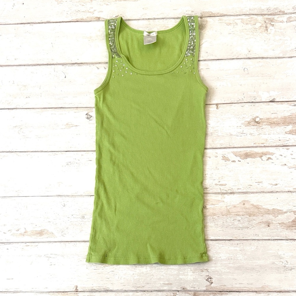 Old Navy M Lime Green Ribbed Tank Top Sequined Shirt Womens Size Medium